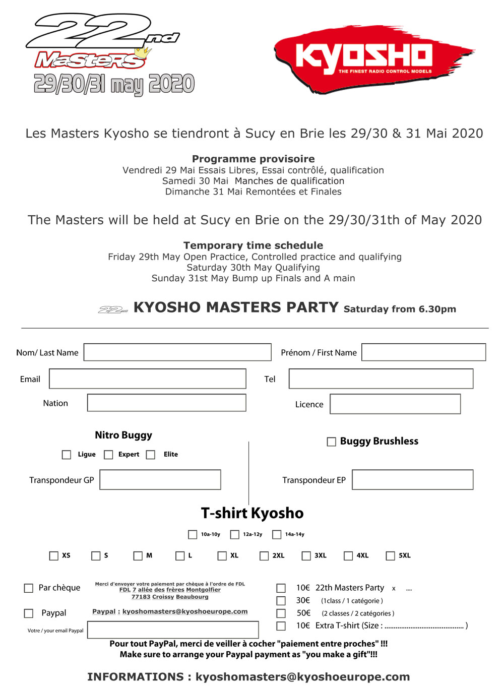 Entry form 22nd Masters Kyosho 2020 29/30/31 May 2020 / Formulaire Inscription Masters 2020